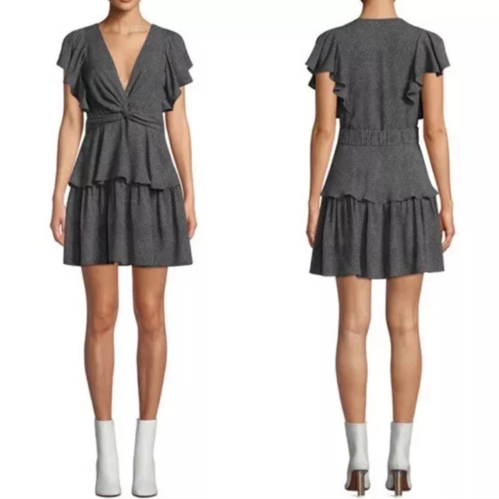 ALC Silk Dress Women's Size 4 Polka Dot Black Flutter Sleeve Viera Twist Tiered